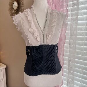 Y2k Women's White Ruffled V-Neck Top with Black Waist Corset
